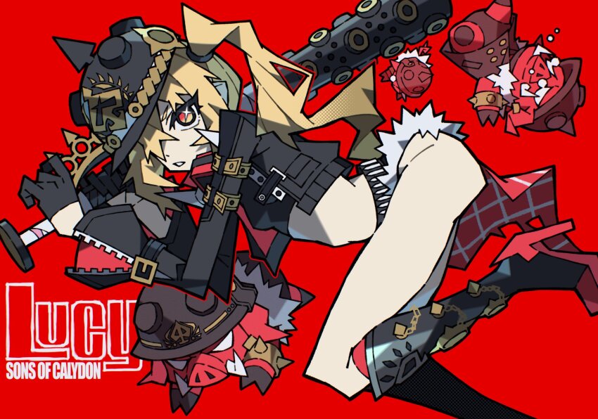 1girl baseball_bat black_boots black_gloves black_helmet black_jacket blonde_hair boar boots brass_knuckles character_name clothes_around_waist colored_skin combat_helmet crop_top from_side fur-trimmed_shorts fur_trim gloves half_gloves helmet highres holding holding_baseball_bat jacket looking_at_viewer luciana_de_montefio lucy&#039;s_crew_(zenless_zone_zero) mask mask_around_neck metal_baseball_bat micro_shorts pickelhaube pig piglet red_background red_skin respirator shorts side_ponytail sparkle sparkling_eyes spiked_boots spiked_jacket tears teeth thighs weapon zenless_zone_zero zito_(zito222)