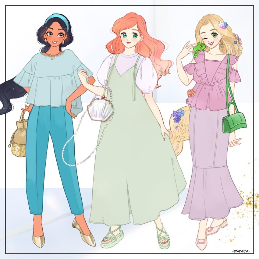 3girls aladdin_(movie) ariel_(disney) bare_shoulders black_hair blonde_hair breasts brown_eyes chameleon cleavage contemporary dark-skinned_female dark_skin disney_princess earrings jasmine_(disney) jewelry long_hair looking_at_viewer meecosme midriff multiple_girls necklace off_shoulder pascal_(tangled) rapunzel_(disney) red_hair shirt smile tangled the_little_mermaid_(disney) very_long_hair