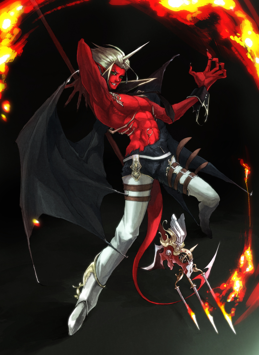 1boy abs absurdres boots colored_skin demon demon_boy demon_wings fire food_fighter_441 green_eyes highres horns male_focus nail_polish navel navel_piercing original piercing pointy_ears polearm red_skin topless_male single_horn solo trident weapon white_hair wings