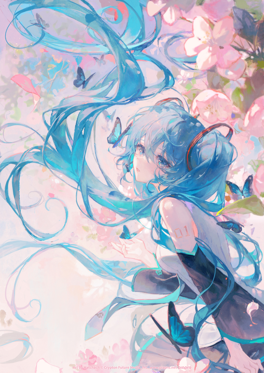 1girl absurdres aqua_necktie arm_at_side bare_shoulders black_skirt black_sleeves blue_butterfly blue_eyes blue_hair blush bug butterfly detached_sleeves floral_background flower hatsune_miku hatsune_miku_(vocaloid4)_(chinese) highres insect long_hair looking_at_viewer maccha_(mochancc) necktie number_tattoo open_mouth pink_flower pleated_skirt ring_hair_ornament shirt sitting skirt sleeveless sleeveless_shirt solo tattoo tree twintails very_long_hair vocaloid white_shirt