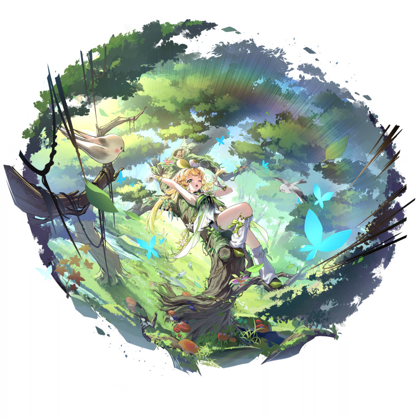 1girl arm_up armpits bare_arms bird blonde_hair blue_butterfly bug butterfly day dress fingerless_gloves forest full_body gloves grass green_dress green_shoes headband highres insect long_hair lying_on_branch mushroom nature official_art on_branch on_tree one_eye_closed open_mouth outdoors rainbow shoes short_shorts shorts sleeveless solo sunlight transparent_background tree verina_(wuthering_waves) waking_up white_gloves white_shorts wuthering_waves yawning