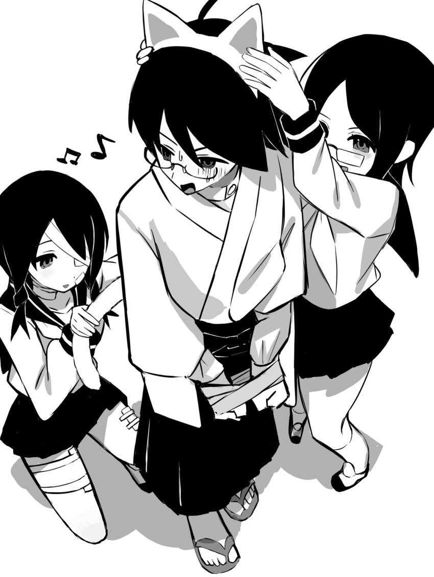 1boy 2girls ahoge animal_ears bandage_over_one_eye bandaged_leg bandaged_neck bandages bfmelu bound bound_wrists braid cat_ears cat_tail fujiyoshi_harumi geta glasses hakama highres itoshiki_nozomu japanese_clothes kobushi_abiru monochrome multiple_girls musical_note sayonara_zetsubou_sensei school_uniform serafuku shosei simple_background spoken_musical_note tail twin_braids white_background
