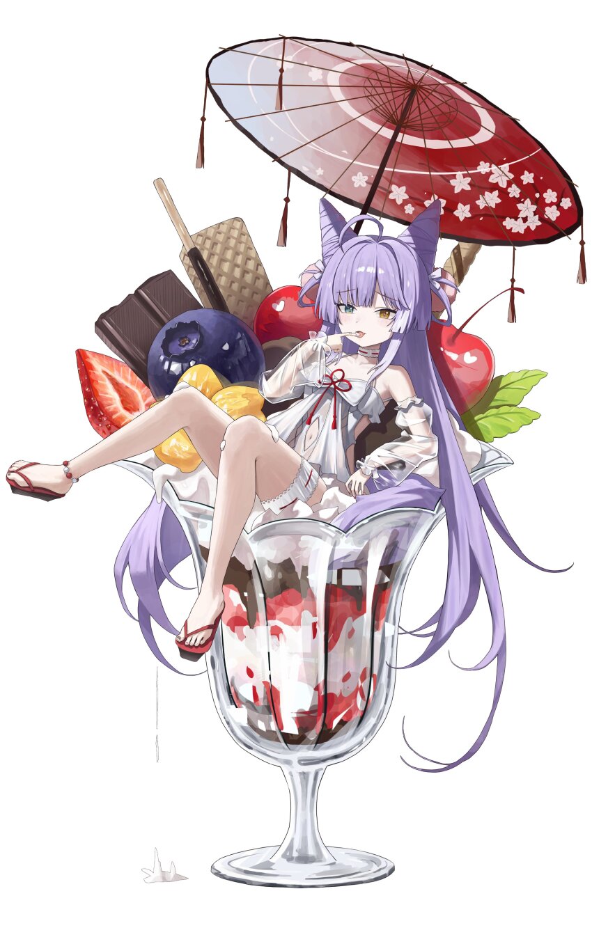 1girl absurdres achib ahoge blue_eyes cherry clothing_cutout cone_hair_bun dessert detached_sleeves food fruit hair_bun hair_ornament hair_rings heterochromia highres holding holding_food holding_ice_cream ice_cream long_hair navel navel_cutout pom_pom_(clothes) pom_pom_hair_ornament purple_hair see-through_clothes see-through_sleeves simple_background solo stellive strawberry sundae tenko_shibuki thigh_strap very_long_hair virtual_youtuber wafer_stick white_background yellow_eyes