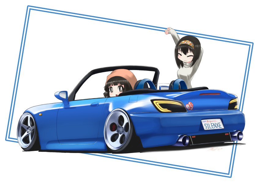 2girls :o artist_name beanie blue_border blunt_bangs border breasts car convertible grey_sweater hairband hat highres honda honda_s2000 illest_(brand) license_plate long_sleeves looking_at_viewer looking_back medium_breasts mizuki_shizuka_(silenxe) motor_vehicle multiple_girls original pink_headwear shadow silenxe sleeves_past_wrists sports_car stance_(vehicle) sticker stretching sweater vehicle_focus white_background yellow_hairband