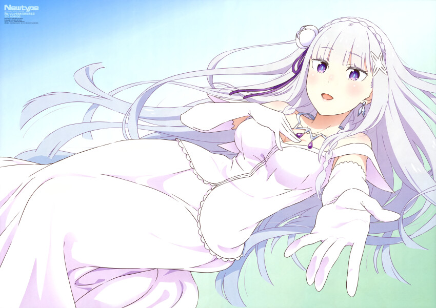 1girl absurdres blue_background blunt_bangs blush braid breasts cleavage collarbone dress elbow_gloves emilia_(re:zero) gloves gradient_background gradient_hair green_background hair_bun hair_ornament highres long_hair looking_at_viewer magazine_scan medium_breasts multicolored_hair newtype official_art open_mouth outstretched_arm purple_eyes re:zero_kara_hajimeru_isekai_seikatsu sagawa_haruka scan simple_background smile solo very_long_hair white_background white_dress white_gloves white_hair x_hair_ornament