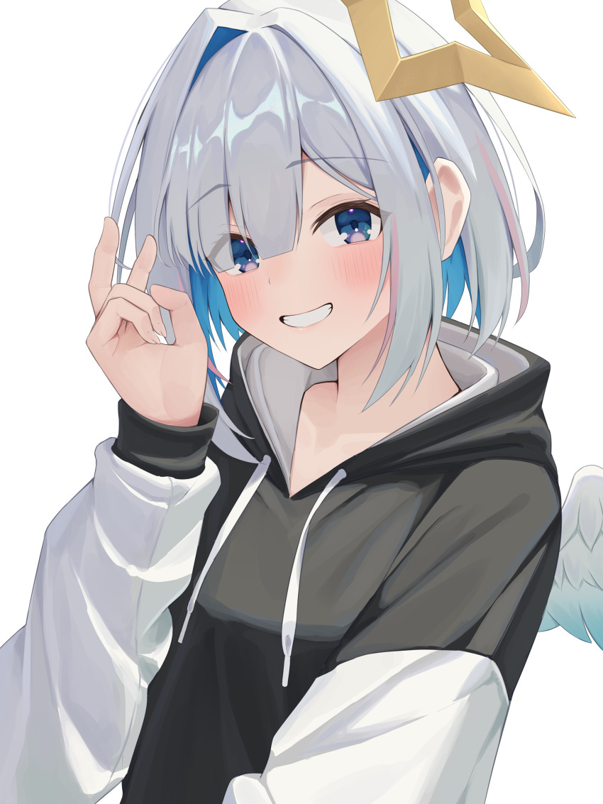 1girl absurdres alternate_costume amane_kanata angel angel_wings arm_up black_hoodie blue_eyes blue_hair blush colored_inner_hair dated_commentary drawstring eyes_visible_through_hair gonza3_v hair_intakes hair_over_one_eye halo highres hololive hood hood_down hoodie looking_at_viewer multicolored_hair short_hair sidelocks solo star_halo streaked_hair upper_body virtual_youtuber white_hair white_sleeves white_wings wings