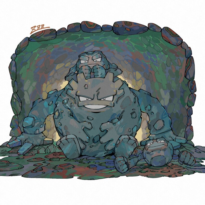 border clenched_hands closed_eyes commentary_request gen_1_pokemon geodude graveler grin highres nintendo no_humans on_head oyasuminjyutsu pokemon pokemon_(creature) pokemon_on_head signature sitting smile teeth white_border