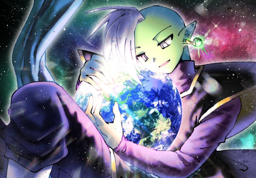 1boy blue_pants blue_sash boots colored_skin dragon_ball dragon_ball_super earrings earth_(planet) green_skin grey_eyes holding_planet jewelry long_sleeves looking_at_object mohawk open_mouth pants planet pointy_ears potara_earrings purple_shirt rz_pasta sash shirt short_hair smile solo space white_boots white_hair zamasu