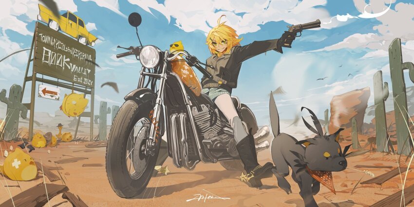 1girl ahoge animal arm_at_side arrow_(symbol) bandages belt belt_buckle bird black_belt black_footwear black_fur black_jacket blonde_hair blue_sky boots buckle car cloud collared_jacket commentary_request cowboy cowboy_hat day desert doki_amber_doge_(dokibird) dokibird_(vtuber) dokibird_(vtuber)_(bounty_hunter) dragoon_(dokibird) english_text fang full_body gloves green_eyes green_shirt green_undershirt gun hair_ornament hand_up handgun hanging hanging_from_rope hat holding holding_gun holding_weapon indie_virtual_youtuber jacket kamameshi_gougoumaru looking_at_viewer milestone_celebration motor_vehicle motorcycle mouth_hold neckerchief on_motorcycle outdoors pants plank red_neckerchief revolver rope shirt sign signature simple_bird skin_fang sky smile smoke smoking_barrel split_mouth spurs stalk_in_mouth sunglasses three_quarter_view undershirt virtual_youtuber weapon western white_pants x_hair_ornament