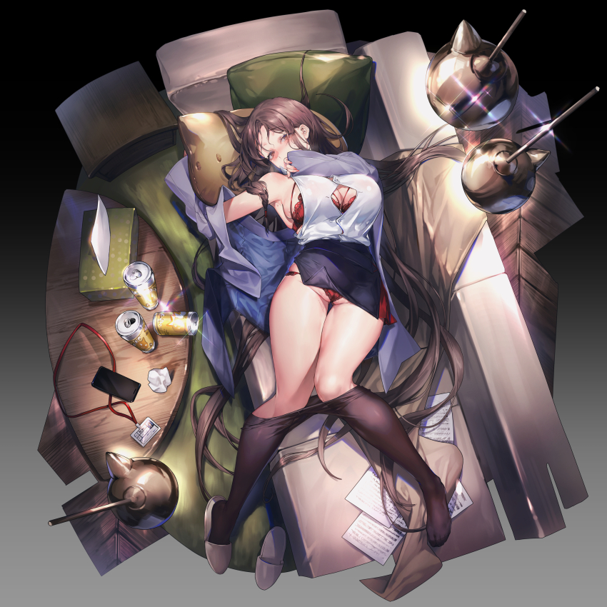 1girl absurdres alcohol armpits ashtray beer_can black_pantyhose black_skirt blush bra bra_peek breasts brown_eyes brown_hair button_gap can cellphone cleavage clothes_pull couch covering_own_mouth drink_can drunk from_above full_body gluteal_fold grey_background high-waist_skirt high_heels highres id_card jacket lace lace-trimmed_bra lace_bra lace_panties lace_trim lanyard large_breasts long_hair looking_at_viewer lying miniskirt off_shoulder office_lady official_alternate_costume official_art on_back on_couch on_table open_clothes panties pantyhose pantyhose_pull paper paper_stack papers pen pencil_skirt phone pillow purple_jacket red_bra red_panties see-through_clothes shirt shoe_dangle shoes shoukaku_(warship_girls_r) single_shoe skindentation skirt slippers smartphone solo spill table thighs unbuttoned underwear unworn_shoes very_long_hair warship_girls_r white_shirt wooden_floor xiangchizhubijin