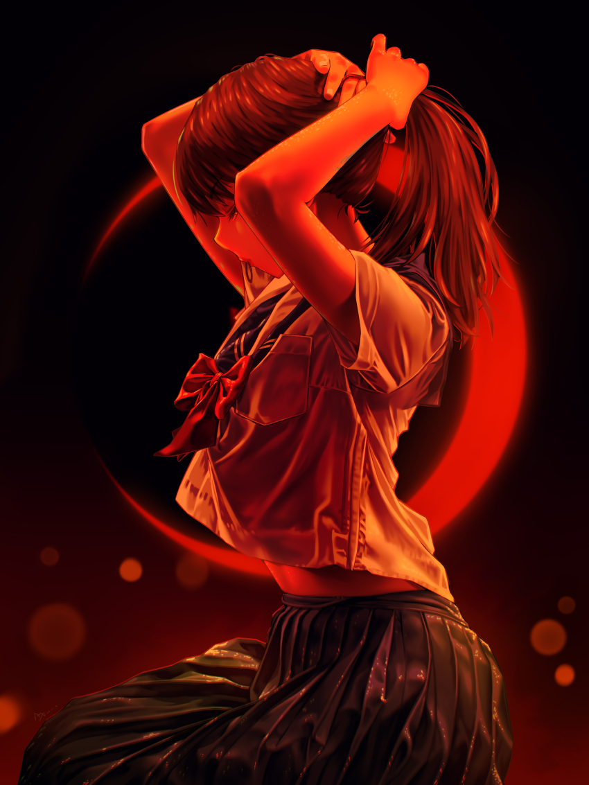 1girl a.x. absurdres arms_behind_head arms_up artist_name blurry bokeh brown_hair closed_eyes commentary crescent_moon dated depth_of_field hair_tie_in_mouth highres long_hair moon mouth_hold original pleated_skirt ponytail profile red_theme school_uniform serafuku skirt solo tying_hair