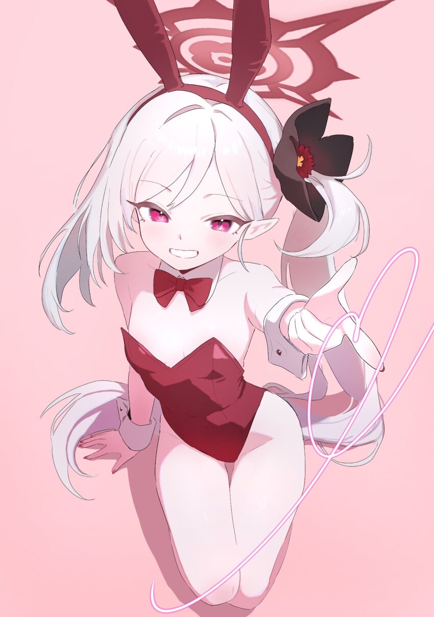 1girl aiming animal_ears bare_shoulders blue_archive breasts detached_collar fingernails flower from_above gradient_background grin hair_flower hair_ornament highres loli long_hair looking_at_viewer monaka3200 mutsuki_(blue_archive) playboy_bunny pointy_ears rabbit_ears red_eyes shadow side_ponytail simple_background small_breasts smile solo thighs white_hair wrist_cuffs