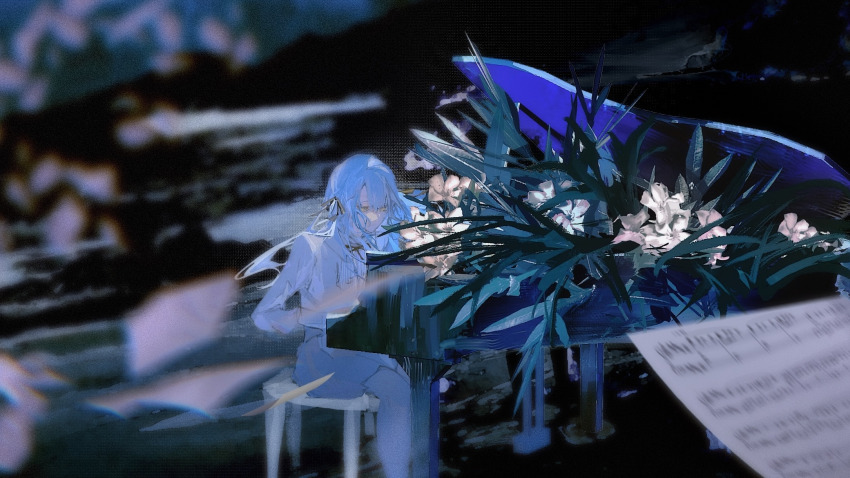 1girl bang_dream! bang_dream!_it&#039;s_mygo!!!!! blue_hair chinese_commentary commentary_request flower grand_piano grey_skirt hair_ribbon highres instrument long_hair music piano playing_instrument playing_piano ribbon sheet_music shirt sitting skirt solo togawa_sakiko white_shirt yellow_eyes yi_chuan_xian_hua