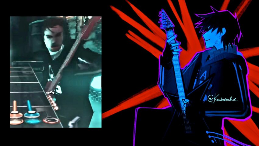 1boy afraid_of_monsters black_background black_gloves black_hair black_hoodie cable david_leatherhoff electric_guitar facial_hair fingerless_gloves from_side game_screenshot_inset gloves goatee_stubble guitar guitar_hero hair_over_eyes highres hood hood_up hoodie instrument konicomchiee male_focus music outline playing_instrument plectrum print_hoodie purple_outline short_hair smile solo speaker stubble turtleneck upper_body