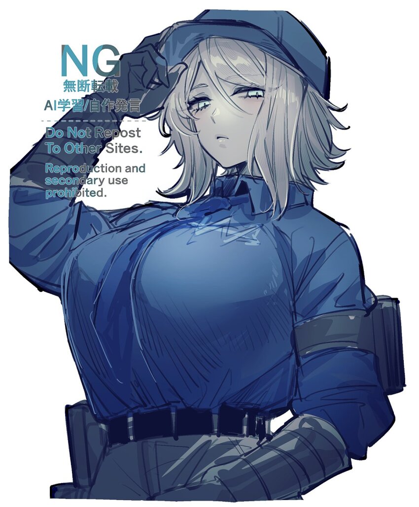 1girl arm_strap arm_up baseball_cap belt black_belt blue_hair blue_hat blue_shirt breasts closed_mouth collared_shirt cowboy_shot faust_(project_moon) gauntlets hat highres huge_breasts limbus_company looking_at_viewer project_moon shirt short_hair solo vx7givcony78710 w_corp._(identity)_(project_moon) white_hair