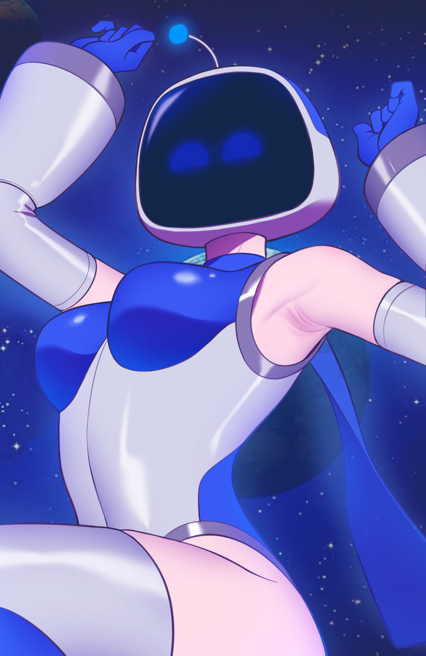 1girl andrian_januar_adilia armpits astro_bot_(series) blue_cape blue_gloves breasts cape commentary detached_sleeves english_commentary gloves grey_sleeves grey_thighhighs highres leg_up looking_at_viewer medium_breasts no_mouth personification robot_girl shirt sleeveless sleeveless_shirt solo star_(sky) thighhighs