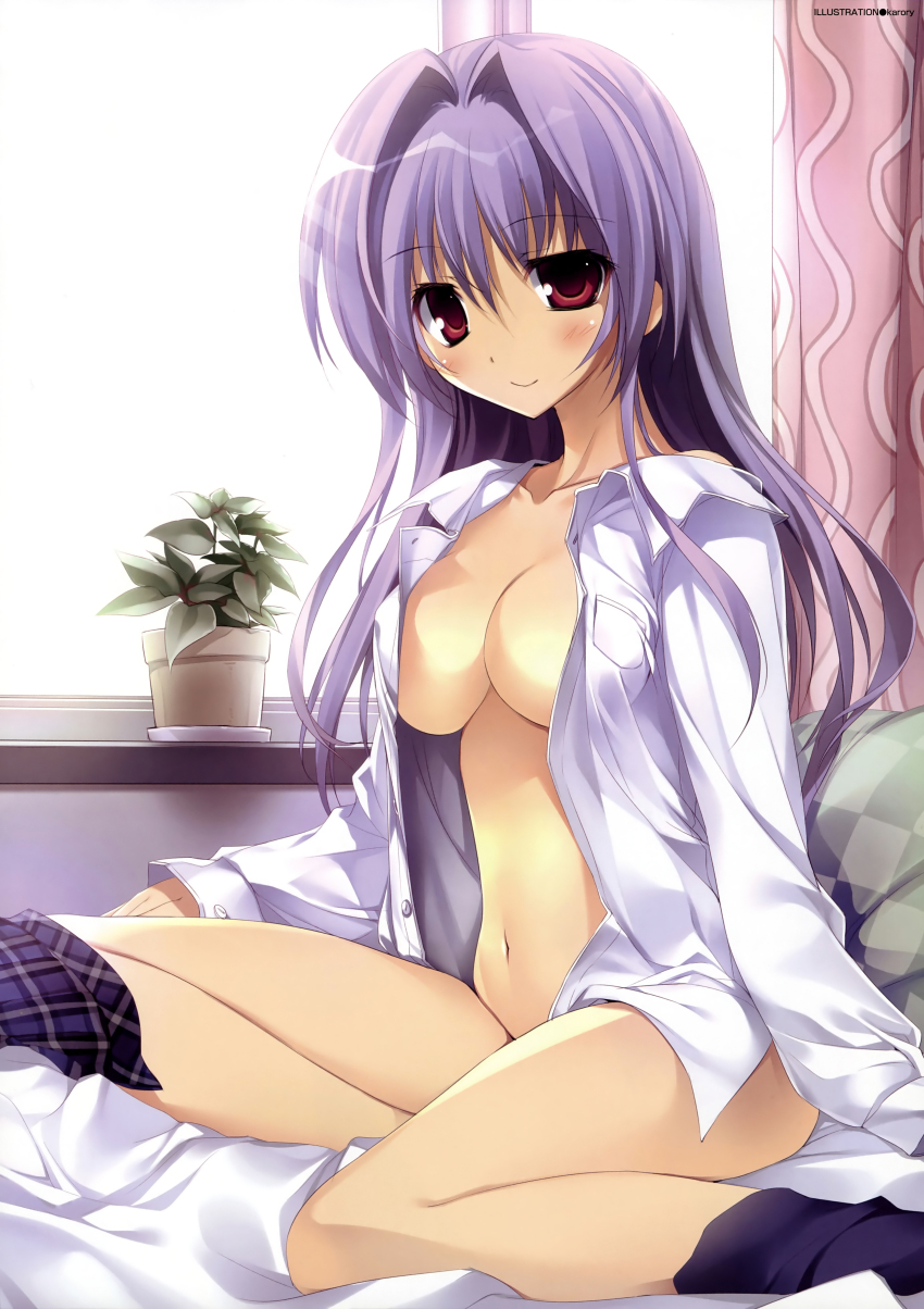 1girl absurdres bed black_legwear breasts cleavage collarbone dengeki_moeoh dress_shirt female_focus hair_intakes highres karory long_hair looking_at_viewer naked_shirt navel nearly_naked_shirt open_clothes open_shirt plaid_clothes plaid_skirt purple_hair red_eyes scan shirt sitting skirt smile solo