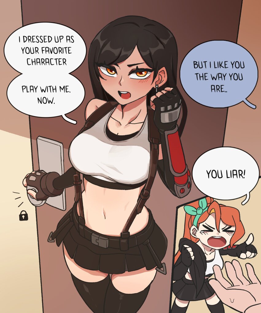 &gt;_&lt; 1girl absurdres asymmetrical_gloves bare_shoulders black_hair black_skirt black_thighhighs breasts collarbone commentary cosplay cowboy_shot crop_top door doorway earrings elbow_gloves english_commentary english_text final_fantasy final_fantasy_vii final_fantasy_vii_remake fingerless_gloves gloves green_hairband hair_ornament hairband hand_up highres holding_wig hyyun_ho inset jewelry june_(hyyun_ho) large_breasts long_hair midriff miniskirt navel open_mouth orange_eyes original pleated_skirt ponytail pov_doorway skirt solo_focus speech_bubble standing stomach suspender_skirt suspenders tank_top teeth thighhighs tifa_lockhart tifa_lockhart_(cosplay) upper_teeth_only white_tank_top wig