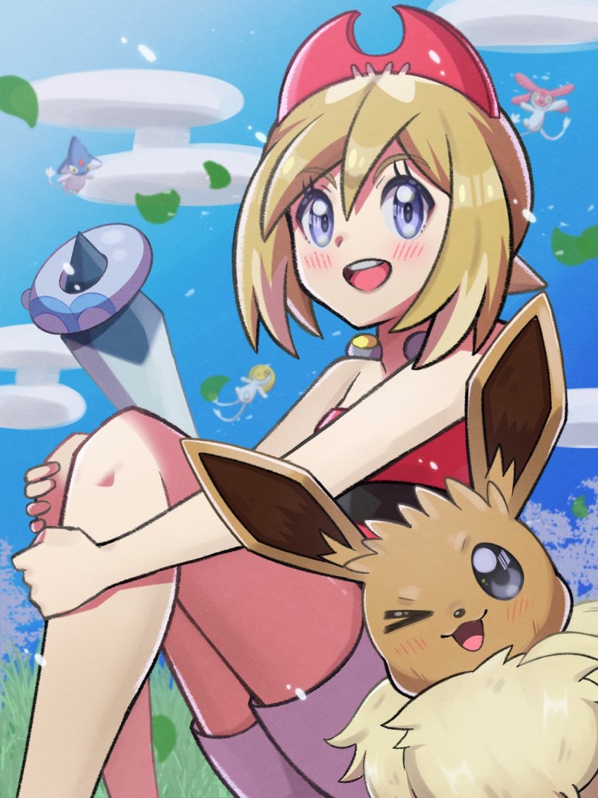1girl azelf bare_shoulders blonde_hair blue_eyes blush cloud day eevee gen_1_pokemon gen_4_pokemon glaceon highres inana_umi irida_(pokemon) leaf legendary_pokemon looking_at_viewer mesprit nintendo one_eye_closed open_mouth pokemon pokemon_(creature) pokemon_legends:_arceus sitting sky smile uxie