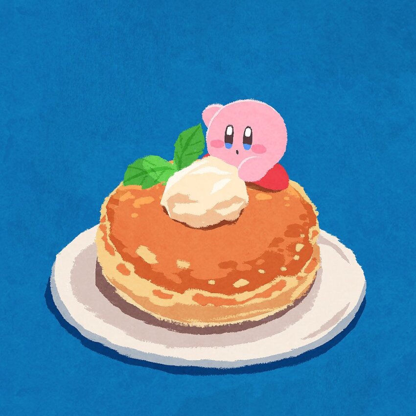 blue_background blue_eyes blush_stickers commentary_request food kirby kirby_(series) miclot nintendo no_humans pancake plate simple_background solo