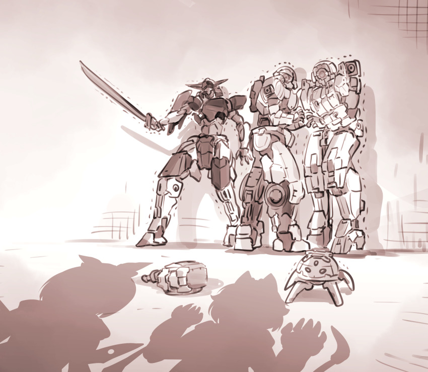 30_minutes_missions 30_minutes_sisters alto_(30mm) axm-a9s_spinatio_(sengoku_type) disembodied_head greyscale highres holding holding_sword holding_weapon kato_takuji mecha monochrome one-eyed open_hand portanova rishetta_(30ms) robot scared science_fiction shadow sword tiasha_(30ms) trembling weapon