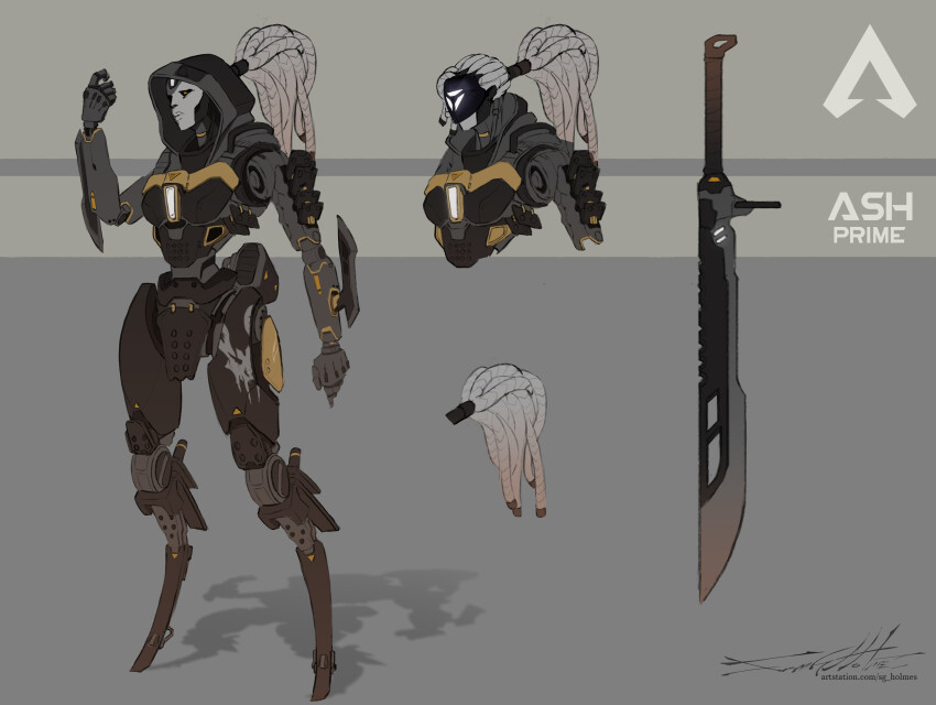 1girl absurdres android apex_legends ash_(titanfall_2) black_sclera cable_hair colored_sclera commentary english_commentary fake_hair fusion highres logo looking_ahead metal_skin no_feet orange_eyes ponytail ronin_(titanfall_2) sam_holmes science_fiction shadow signature simulacrum_(titanfall) standing sword titanfall_(series) titanfall_2 variations watermark weapon web_address