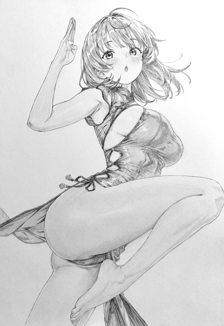 1girl absurdres antenna_hair armpits barefoot blush breasts china_dress chinese_clothes choppy_bangs commentary dress feet floating_hair foot_out_of_frame from_below graphite_(medium) greyscale hair_intakes hand_up highres large_breasts leg_up legs lensia looking_at_viewer looking_down medium_hair monochrome open_mouth original panties partially_visible_vulva sideboob solo thighs toes traditional_media underwear