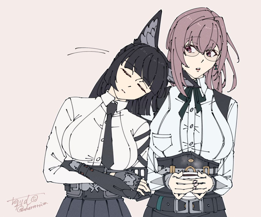 2girls absurdres animal_ear_fluff animal_ears black_skirt blunt_bangs cherrrim closed_eyes closed_mouth cup dress_shirt fingerless_gloves fingernails fox_ears fox_girl gauntlets glasses gloves hair_between_eyes head_on_another&#039;s_shoulder high-waist_skirt highres holding holding_cup hoshimi_miyabi long_hair looking_at_another multiple_girls open_mouth pencil_skirt pink_eyes pink_hair shirt sidelocks single_fingerless_glove skirt sleeping tsukishiro_yanagi upper_body white_shirt yuri zenless_zone_zero