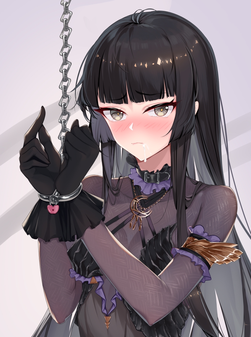 1girl absurdres arknights bdsm black_hair bondage bound breasts chain closed_mouth collar commentary_request cuffs cum cum_in_mouth female_focus gloves grey_eyes highres lock long_hair official_alternate_costume padlock qaq_baiguang restrained see-through_clothes small_breasts solo virtuosa_(arknights) virtuosa_(diversity_oneness)_(arknights) white_background