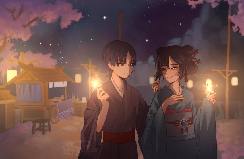 1boy 1girl alternate_costume alternate_hairstyle astyllian black_hair black_kimono black_sleeves blue_gemstone blue_kimono blue_sleeves blunt_bangs blunt_ends bowl chair cherry_blossoms chinese_knot closed_mouth couple crate dating eyeshadow fingernails fireworks gem genshin_impact grey_eyes grey_pupils hair_between_eyes hair_ornament hair_tie half-closed_eyes han&#039;eri hand_on_own_chest hand_up hands_up hetero highres holding holding_fireworks hydro_symbol_(genshin_impact) inazuma_city japanese_clothes kimono lantern layered_kimono long_sleeves looking_at_another makeup market_stall mizura mona_(genshin_impact) mountainous_horizon night night_sky nihongami obi obiage obijime outdoors paper_lantern parted_bangs pink_lips playing_with_another&#039;s_hair purple_eyes red_eyeshadow red_sash sash scaramouche_(genshin_impact) seigaiha sidelocks sky smile sparkler star_(sky) starry_sky tassel tassel_hair_ornament three-quarter_sleeves uneven_eyes upper_body vision_(genshin_impact) white_kimono white_mouth wide_sleeves wooden_stool