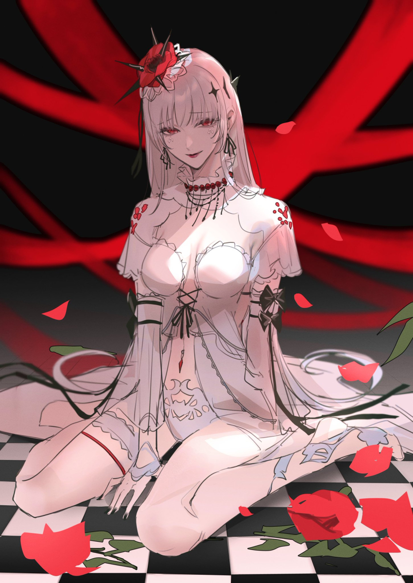 1girl absurdly_long_hair arm_bow babydoll barefoot_sandals_(jewelry) bead_choker beads black_background black_bow black_nails black_ribbon bow breasts checkered_floor cleavage closed_mouth clothing_cutout collared_capelet collared_shrug commentary_request coquelic_(path_to_nowhere) cross-laced_clothes cross-laced_dress detached_sleeves dress eyelashes falling_petals flower frilled_babydoll frilled_headwear frilled_shrug frilled_thigh_strap full_body hair_spread_out hand_on_ground hat high_collar highres lipstick long_hair long_sleeves looking_at_viewer makeup medium_breasts mini_hat nail_polish nightgown panties path_to_nowhere petals red_eyes red_flower red_hat red_lips red_ribbon red_rose ribbon ribbon_earrings rose rose_petals short_sleeves shrug_(clothing) sitting smile solo straight_hair strapless strapless_dress thigh_strap thorns toho10min underwear very_long_hair wariza white_babydoll white_hair white_panties white_shrug white_sleeves