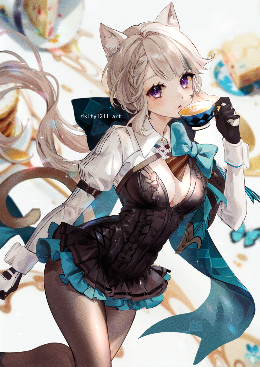 1girl animal_ear_fluff animal_ears black_gloves black_leotard black_pantyhose blue_bow blush bow breasts cat_ears cat_girl cleavage commentary cup facial_mark genshin_impact gloves grey_hair hand_up highres holding holding_cup huge_bow kity1211_tetsu leotard long_hair long_sleeves looking_at_viewer lynette_(genshin_impact) medium_breasts pantyhose parted_lips purple_eyes solo star_(symbol) star_facial_mark teacup twitter_username very_long_hair white_wrist_cuffs wrist_cuffs