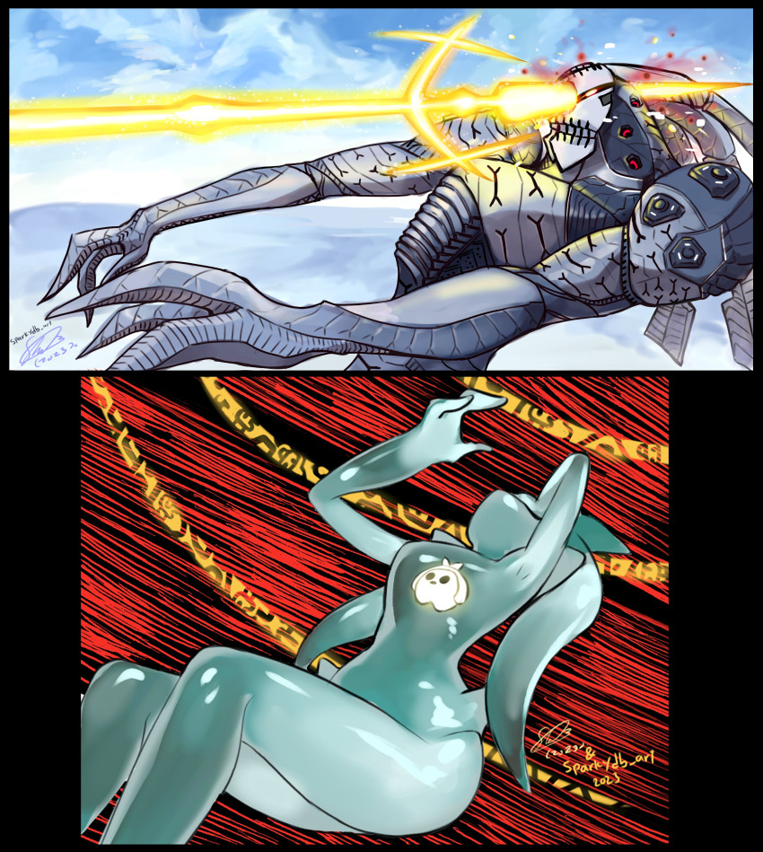 absurdres ancient_(sonic) covering_eye destroying flying fsonic3 gold_fur gold_hair highres in_pain injury knight_(sonic_frontiers) koco_(sonic) lance_of_longinus_(evangelion) mecha neon_genesis_evangelion pain parody robot sega sonic_(series) sonic_frontiers sonic_the_hedgehog souryuu_asuka_langley super_sonic the_end_of_evangelion trait_connection weapon
