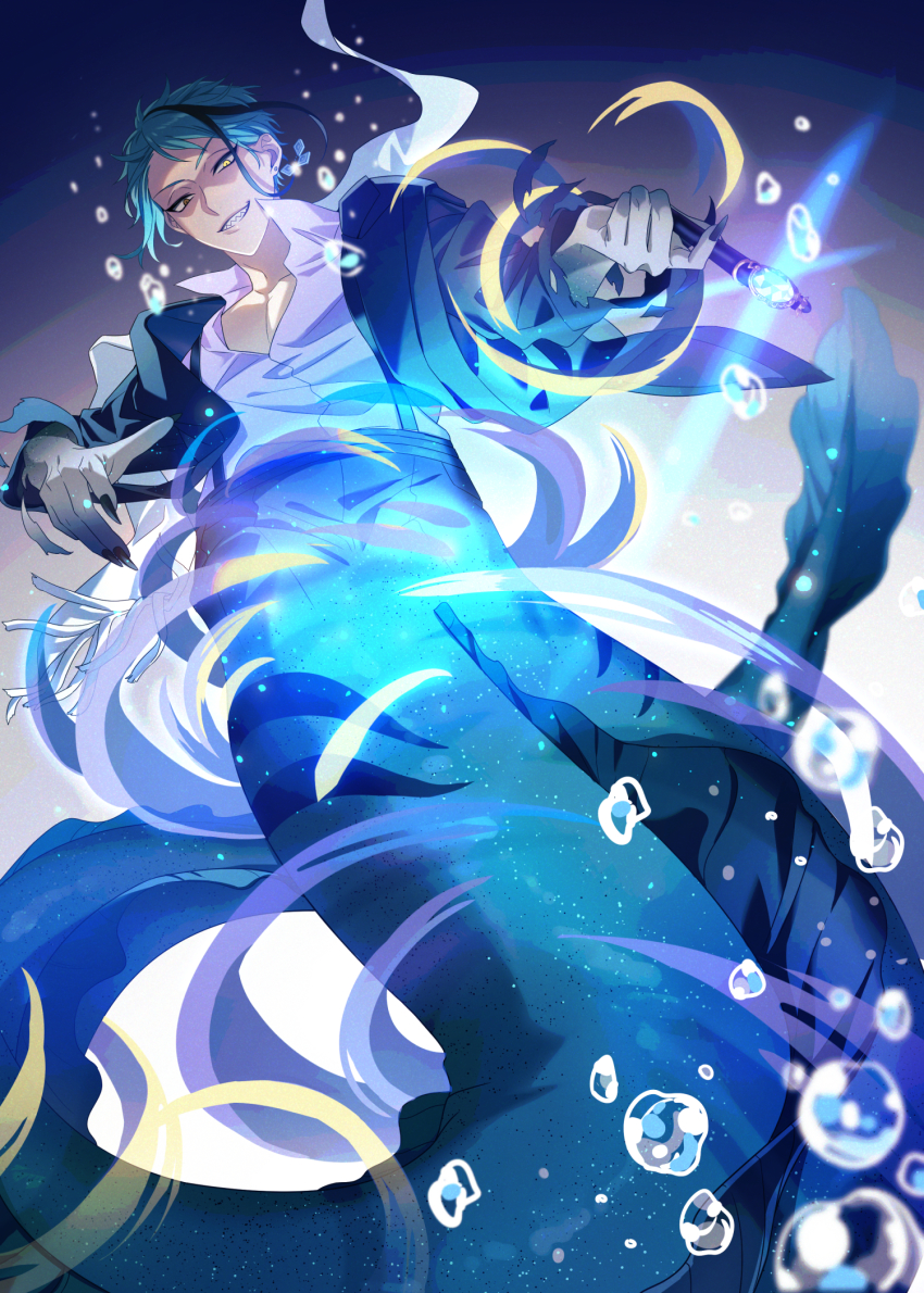 1boy air_bubble black_hair black_nails blue_hair brown_eyes bubble collarbone commentary_request earrings eel_boy eel_tail fingernails floating_hair glowing heterochromia highres holding holding_wand jade_leech jewelry long_fingernails long_sleeves magic male_focus multicolored_hair nail_polish open_clothes open_shirt pectorals sharp_fingernails sharp_teeth shirt short_hair siiisuuu single_earring smile solo streaked_hair suspenders teeth torn_clothes torn_sleeves transformation twisted_wonderland two-tone_hair underwater wand white_shirt yellow_eyes