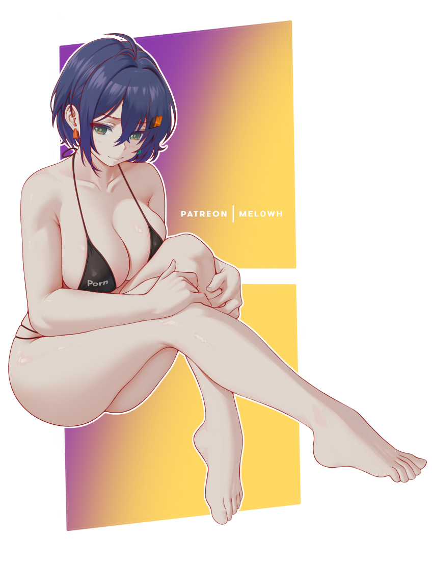 1girl absurdres bare_legs belle_(zenless_zone_zero) bikini black_bikini blue_hair breasts cleavage closed_mouth crossed_bangs green_eyes hair_ornament highres large_breasts letter_hair_ornament melowh micro_bikini patreon_username short_hair sitting smile solo swimsuit zenless_zone_zero