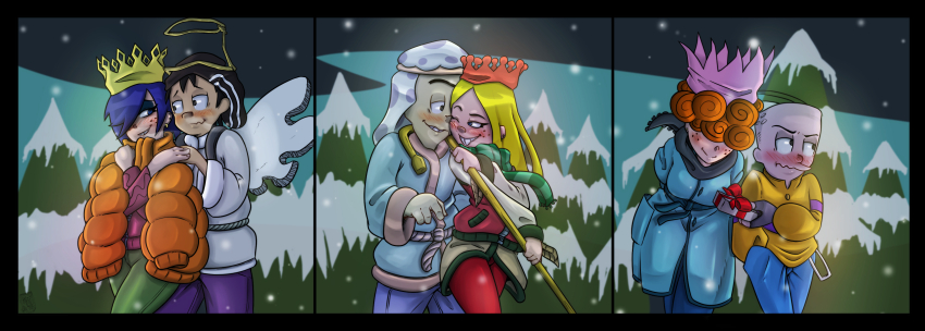 3boys 3girls absurdres blonde_hair blue_hair cartoon_network christmas couple ed_(ed_edd_n_eddy) ed_edd_n_eddy edd_(ed_edd_n_eddy) eddy_(ed_edd_n_eddy) gift highres kenbr_arts lee_kanker marie_kanker may_kanker multiple_boys multiple_girls orange_hair smile snow winter_clothes