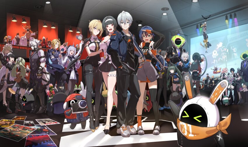 6+boys 6+girls absurdres alexandrina_sebastiane anby_demara animal_ears anton_ivanov asaba_harumasa astra_yao bangboo_(zenless_zone_zero) belle_(zenless_zone_zero) ben_bigger billy_kid black_hair black_jacket blonde_hair blue_hair blue_skin blunt_bangs brown_hair burnice_white caesar_king_(zenless_zone_zero) cat_boy cat_girl closed_mouth colored_skin earrings ellen_joe eous_(zenless_zone_zero) ethereal_(zenless_zone_zero) evelyn_chevalier fox_ears fox_girl full_body grace_howard green_eyes green_hair grey_hair hair_between_eyes highres hoshimi_miyabi hugo_vlad jacket jane_doe_(zenless_zone_zero) jewelry ju_fufu koleda_belobog lighter_(zenless_zone_zero) long_hair looking_at_viewer luciana_de_montefio mouse_girl multiple_boys multiple_girls nekomiya_mana nicole_demara oni open_mouth pan_yinhu pink_hair piper_wheel ponytail pulchra_fellini purple_hair qingyi_(zenless_zone_zero) red_eyes seth_lowell short_hair sidelocks sitting smile soldier_11_(zenless_zone_zero) soukaku_(zenless_zone_zero) standing sunglasses trigger_(zenless_zone_zero) tsukishiro_yanagi vivian_banshee von_lycaon white_hair wise_(zenless_zone_zero) yixuan_(zenless_zone_zero) yoruta_(yossy_puyo_holo) zenless_zone_zero zhu_yuan