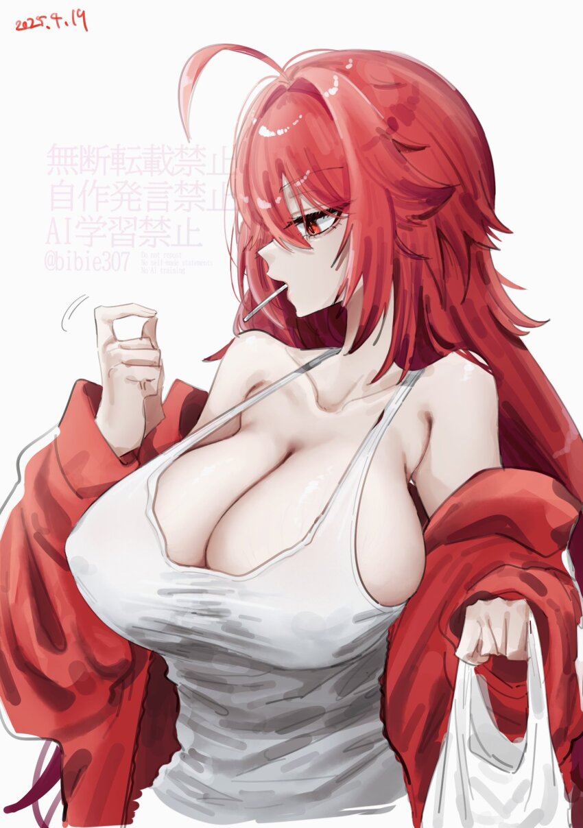 1girl ahoge bag bibie307 breasts candy cleavage collarbone commentary covered_erect_nipples dated food food_in_mouth goddess_of_victory:_nikke grey_shirt highres holding holding_bag jacket large_breasts lollipop long_hair nihilister_(nikke) red_eyes red_hair red_jacket shirt simple_background solo twitter_username upper_body white_background
