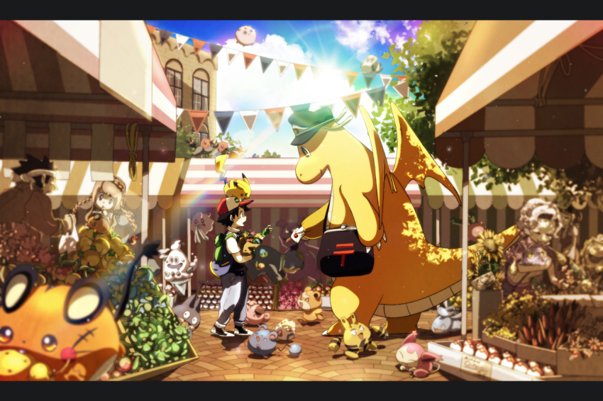 2girls 3boys ^_^ absurdly_detailed_composition animal animal_on_head ash_ketchum azurill backpack bag black_hair blurry blurry_foreground braid chinchou claws cleffa closed_eyes cloud complex_exterior day dedenne depth_of_field dragon dragonite elekid fletchling flower food fruit full_body gen_1_pokemon gen_2_pokemon gen_3_pokemon gen_4_pokemon gen_5_pokemon gen_6_pokemon granbull grey_hair grocery_bag hat headband height_difference holding holding_bag holding_letter imomushi_(pixiv_9001433) jigglypuff letter letterboxed long_hair looking_at_another multiple_boys multiple_girls munchlax nintendo on_head open_mouth outdoors pants pikachu pokemon pokemon_(anime) pokemon_(creature) pokemon_on_head shirt shopping_bag shoulder_bag skitty sky smile spiked_hair standing sun sunflower swirlix tail teddiursa togepi twin_braids vanillish vest wings wynaut
