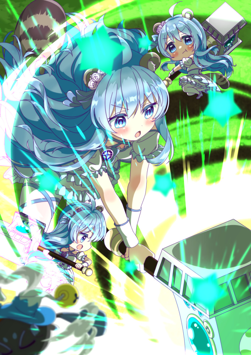 animal_ears attack blue_eyes blue_frills blue_hair cereal_(cerealoekaki) character_request chibi closed_eyes dress floating_hair flower frilled_dress frills hair_flower hair_ornament hammer highres holding holding_hammer kirara_fantasia long_hair mascot multiple_persona pout raccoon_ears raccoon_girl raccoon_tail salt_(kirara_fantasia) short_sleeves solo_focus tail thighhighs wavy_hair white_thighhighs