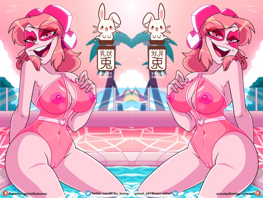 absurdres cameltoe covered_erect_nipples heart heart-shaped_pupils highres milkybunny miss_heed pink_hair seductive_smile see-through_clothes see-through_one-piece_swimsuit see-through_swimsuit smile swimsuit symbol-shaped_pupils translucent villainous