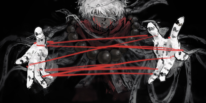 1boy absurdres bandaged_arm bandaged_head bandages bead_necklace beads black_background blood blood_from_mouth blood_on_face dark facial_mark gintama gintama_movie_2:_yorozuya_yo_eien_nare highres jewelry lushu_kuye male_focus necklace official_alternate_costume ofuda ofuda_on_clothes parted_lips robe sakata_gintoki short_hair solo string string_of_fate talisman white_hair