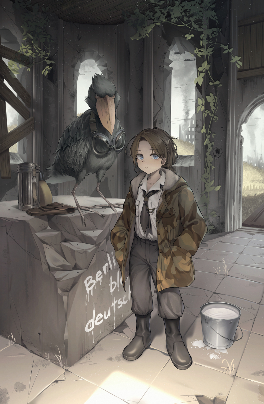 1girl absurdres aircraft airplane bird black_footwear black_necktie black_pants blonde_hair blue_eyes bomber boots camouflage camouflage_jacket commission di_le_to erika_(sebastian_z) highres jacket long_hair long_sleeves military military_uniform military_vehicle necktie open_clothes open_jacket original pants ruins shirt shoebill standing white_shirt world_war_ii
