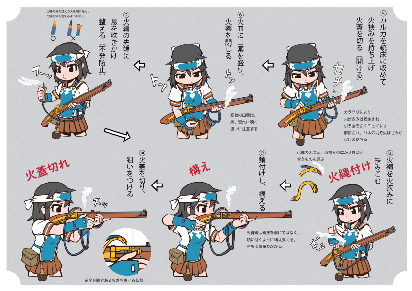 1girl absurdres aiming aka-kabuto_no_gema antique_firearm armor arquebus black_eyes black_hair brown_sailor_collar brown_skirt dou feet_out_of_frame firearm firelock forehead_protector freckles gun highres holding holding_gun holding_weapon how_to japanese_armor kote looking_at_object match_cord matchlock original pleated_skirt powder_flask sailor_collar school_uniform serafuku shirt skirt sound_effects standing tanegashima_(gun) weapon white_shirt