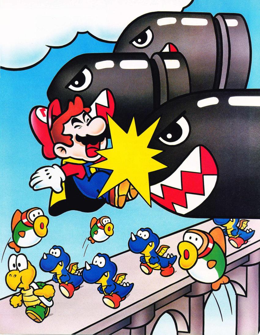 1boy angry banzai_bill blurp brown_hair cape cape_mario closed_eyes facial_hair fangs fish flying hat highres koopa_troopa mario mario_(series) mustache nintendo official_art open_mouth pain rex_(mario) sky super_mario_bros._1 super_mario_world tail walking wings yellow_cape