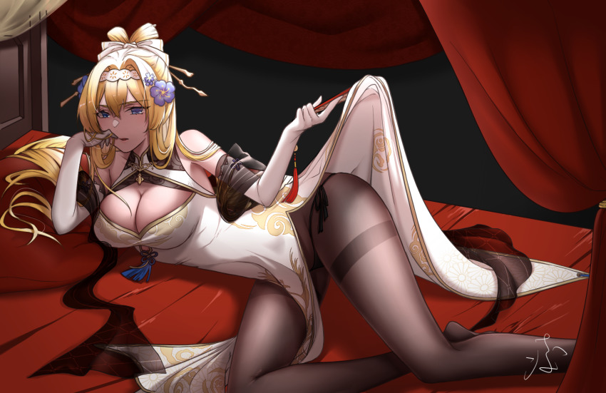 1girl alternate_costume alternate_hairstyle bed blonde_hair blue_eyes bow breasts brown_pantyhose canopy_bed china_dress chinese_clothes cleavage cleavage_cutout clothes_lift clothing_cutout cloud_print curtains dress dress_lift duke_of_york_(warship_girls_r) elbow_gloves elbow_rest folded_fan folding_fan gloves gold_trim hair_bow hair_flowing_over hair_intakes hair_ornament hair_stick hairband hand_fan headboard high_ponytail lace_hairband large_breasts lingsong lips looking_ahead no_shoes on_bed panties pantyhose parted_lips pillow ponytail shawl side-tie_panties signature solo tassel thighband_pantyhose underwear warship_girls_r white_dress white_gloves xiangyun