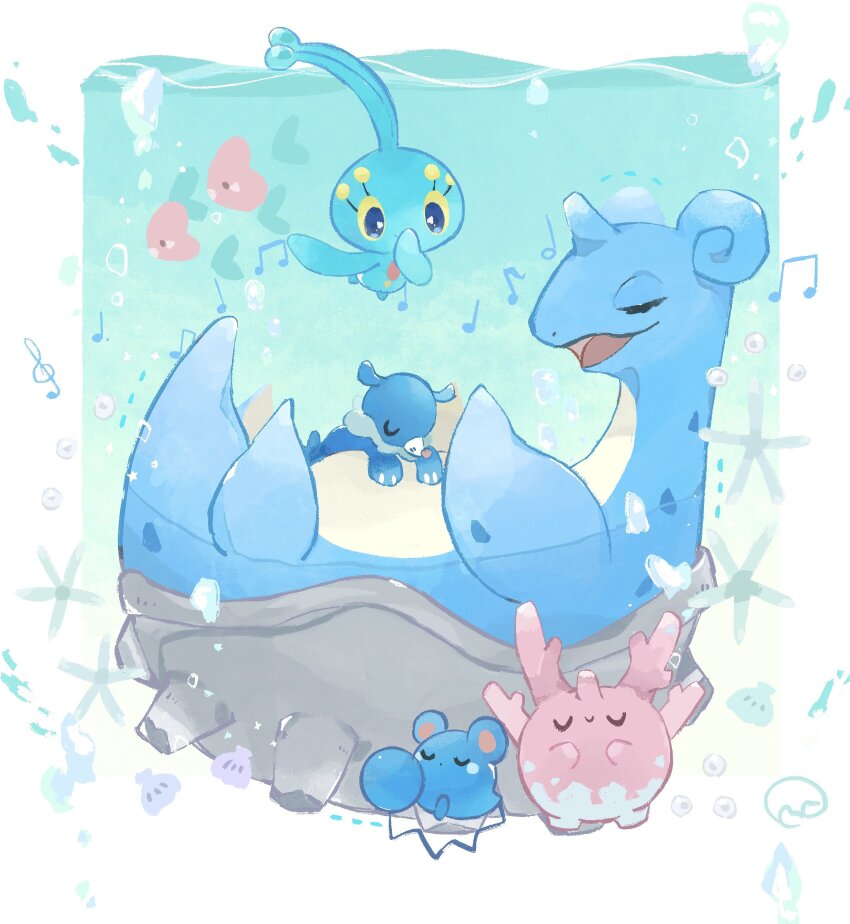 absurdres azurill closed_eyes corsola game_freak gen_1_pokemon gen_2_pokemon gen_3_pokemon gen_4_pokemon gen_7_pokemon highres horns lapras legendary_pokemon luvdisc lying manaphy momoniku100 musical_note mythical_pokemon nintendo no_humans on_back open_mouth pokemon pokemon_(creature) popplio seashell shell single_horn smile starfish underwater water