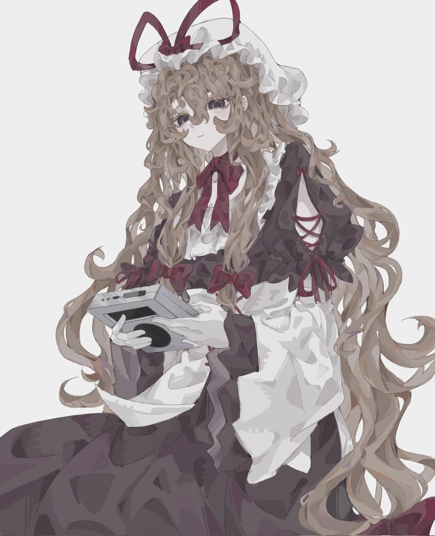 1girl blonde_hair bow dress gap_(touhou) hair_bow hat hat_ribbon highres ipod ipod_classic long_hair mob_cap multiple_tails purple_dress purple_tabard ribbon shindiyue solo tabard tail touhou yakumo_yukari