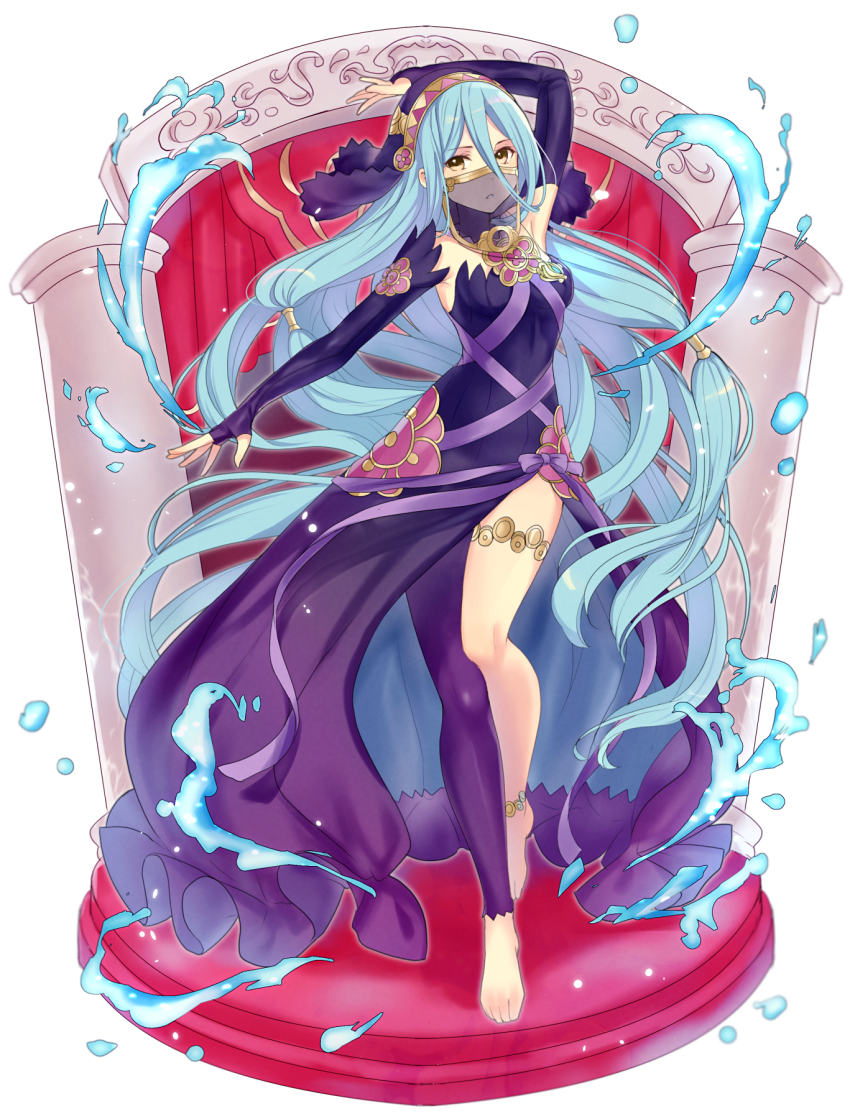 1girl anklet arm_up asymmetrical_legwear azura_(fire_emblem) azura_(lady_of_ballads)_(fire_emblem) barefoot black_dress black_gloves blue_hair closed_mouth dress elbow_gloves female_focus fingerless_gloves fire_emblem fire_emblem_fates full_body gloves haru_(nakajou-28) highres jewelry long_hair necklace nintendo pendant solo uneven_legwear veil yellow_eyes