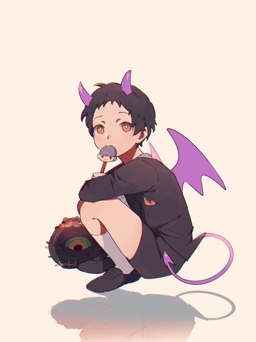 1boy adachi_tooru aged_down black_footwear black_hair black_suit bright_pupils brown_eyes candy demon_horns demon_tail demon_wings food formal_clothes highres horns jacket lollipop long_sleeves looking_at_viewer male_focus narukami_yu persona persona_4 purple_horns purple_tail purple_wings reflection shirt short_hair shorts socks solo suit tail tedty33 white_pupils white_socks wings